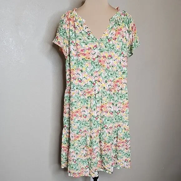 LOFT Buttercup Floral Tiered Swing Dress Flutter Sleeves Medium - Picture 2 of 9